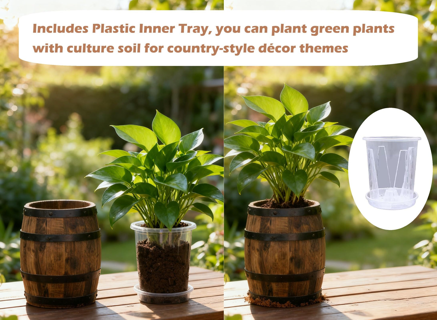 Wood Wine Barrel Vase 6" x 5" – Mini Barrel Rustic Wooden Flower Vase Planter for Wedding Reception, Party Table Decoration,Home Indoor Outdoor Garden, Kitchen,Planting-2pcs (2)