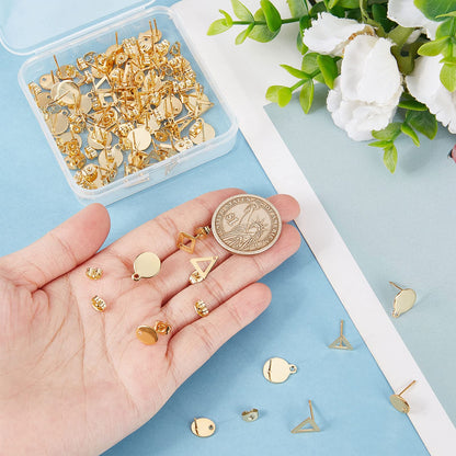 Beebeecraft 1 Box 80Pcs 4 Style 24K Gold Plated Stud Earring Findings Stainless Steel Triangle Oval Rhombus Flat Round Stud Earring Posts with Loop and Ear Nuts for Women Jewelry Making
