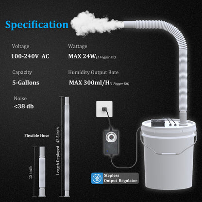 19L Large Capacity DIY Humidifier Kit - for Plants, Mushrooms, Grow Tents, Terrarium | Turns a 5 Gallon Bucket into Cool Mist Humidifier, Extendable Hose, High Output, Long Runtime (1 Fogger Kit)