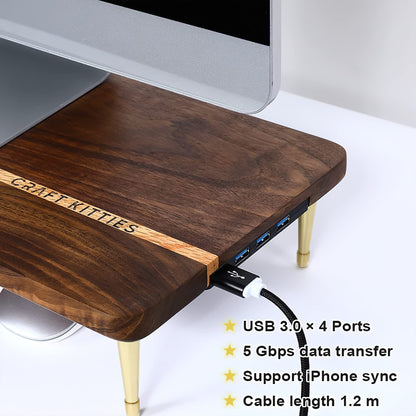 CRAFT KITTIES Monitor Stand Wood Riser with 4 USB Ports, Computer Monitor Stand with America Walnut Data Transfer Charging Hub -Compatible with Computer, Mac, PCs, Smartphone, 20.5*8.3in