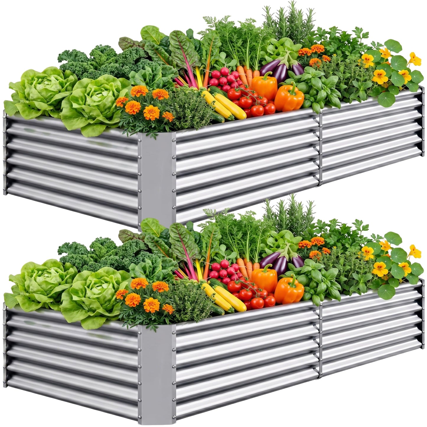 AHEONLAR 2 Pack 8×4×1.5ft Galvanized Raised Garden Beds Outdoor, Rectangle Sturdy and Durable Planter Boxes for Vegetables, Fruits, Flowers and Plants, Easy Assembly, Silver