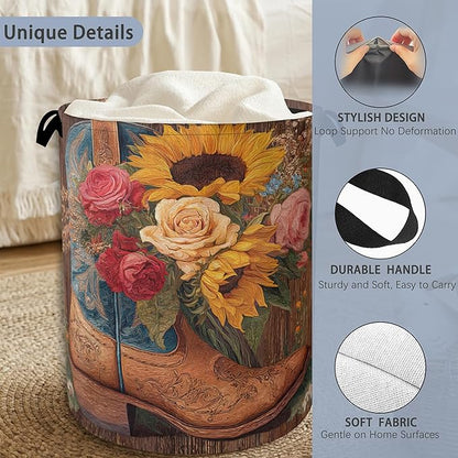 Cowboy Boots Laundry Basket, Wooden Sunflowers Foldable Oxford Cloth Tote Bag