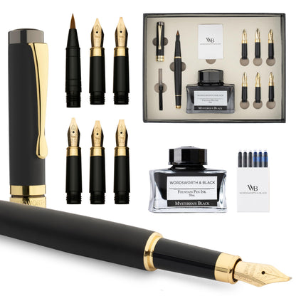 Wordsworth & Black Calligraphy Pen Gift Set, Includes Ink Bottle, 6 Ink Cartridges, Ink Refill Converter, 6 Replacement Nibs, Luxury Bamboo, Journaling, Smooth Writing Pens [Black Wood]