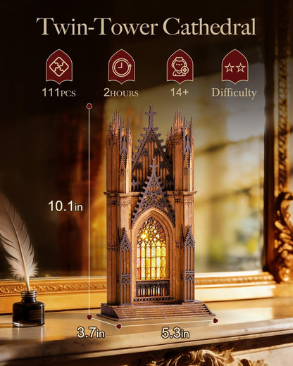 Rolife 3D Wooden Puzzle - Gothic Twin-Tower Cathedral Architecture Model with LED Lights, DIY Craft Building Kit for Adults, Unique Home Decor & Birthday for Hobbyists