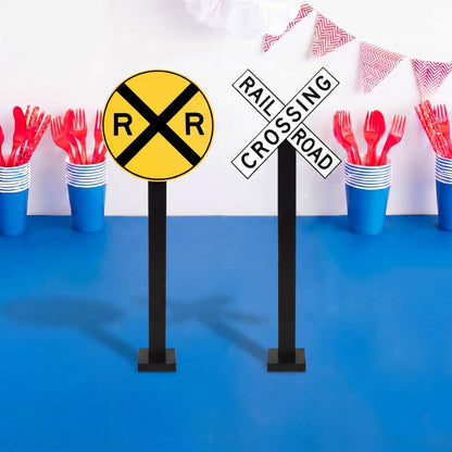 Yousoontic 2 Sets 30 Inch Tall Train Birthday Party Garden Decor Corrugated Plastic Railroad Crossing Sign with Wooden Stakes Chugga Chugga Two Two Party Decor Track Crossing Sign for Photo Booth Prop