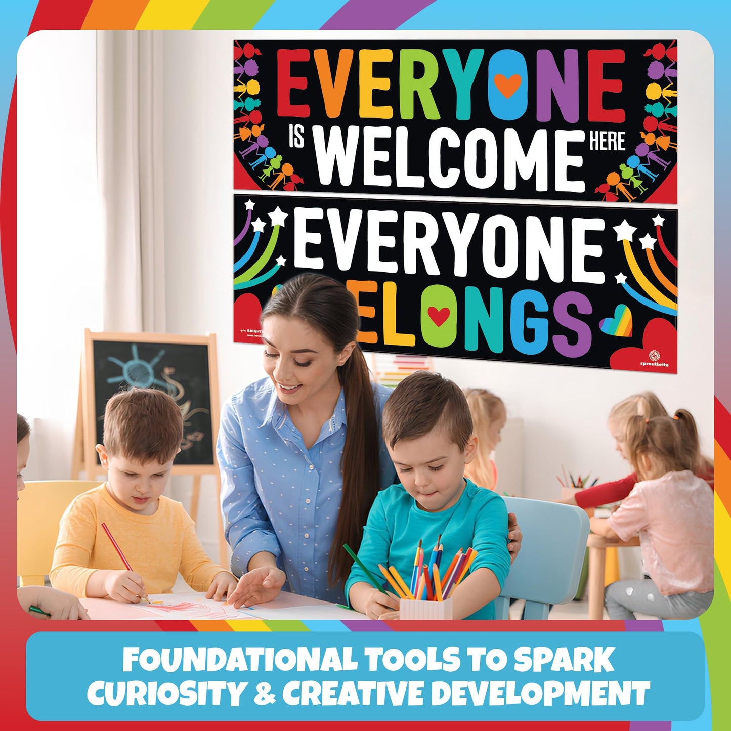 Sproutbrite 2 Pack 13.5” x 39” Welcome Posters for Classroom – Educational Charts & Posters Wall Decor for Pre, Elementary and Middle School Teacher Decorations for Classroom - Promotes Inclusivity and a Sense of Belonging