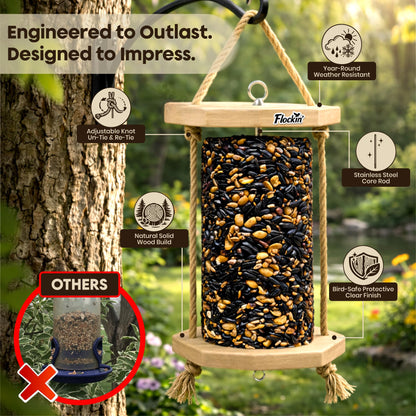 Cylinder Bird Feeders for Outdoors - Weather Resistant Wood Cylinder Feeder with a Bird Safe Protective Clear Finish - Holds Bird Seed Cylinders with Hole, Logs, & Birdseed Cakes