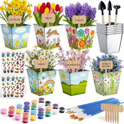 Ferrochef 6 Sets Garden Flower Pots Crafts Kit DIY Metal Iron Plant Pots Acrylic Paint Stickers Brushes Plant Labels Gardening Tool Kit for Planting Crafts Mother's Day Graduation Creative Gift