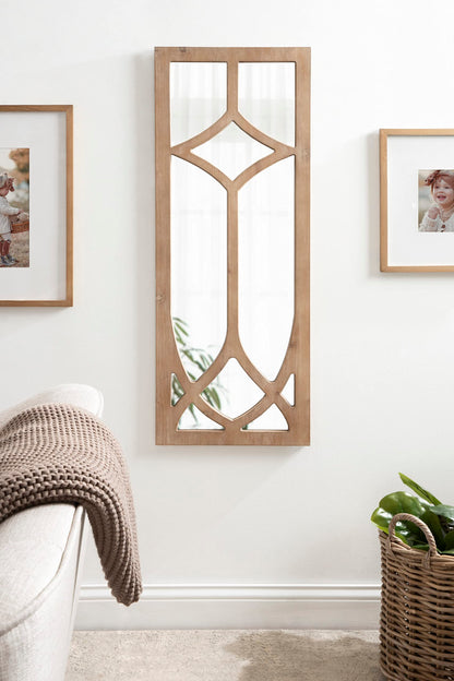 Kate and Laurel Pierette Windowpane Mirror, 16 x 42, Natural Wood, Tall Framed Cathedral Arched Wooden Overlay Mirror