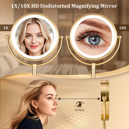 Professional 8.5" Large Lighted Makeup Mirror with Brighter Lights, 1X/10X True HD Magnifying Mirror with 3 Color Dimmable Lights, 90 Shadowless LEDs, 360°Swivel Seamless Vanity Mirror, Pearl Nickel