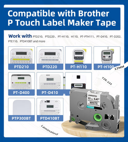 Replace for Brother P-Touch Label Tape 12mm 0.47" Laminated White TZ Tape TZe-231 TZe231 Compatible with Brother Ptouch Label Maker PT-D210 PTH110 PTD220 PTD410, 6-Pack