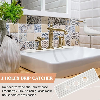 3 Hole White Faucet Mat for Kitchen Sink Bathroom 16.1" x 5" Kitchen Faucet
