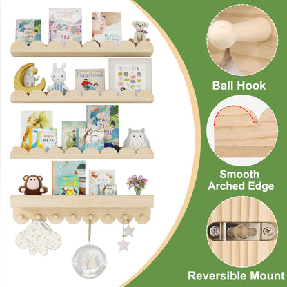 CLLASOU 24 Inch Floating Shelves for Wall, 4-Pack Nursery Book Shelves with Hooks, Scalloped Shelves, Wall Book Shelves for Kids Room, Baby Room, Bedroom, Nursery Decor