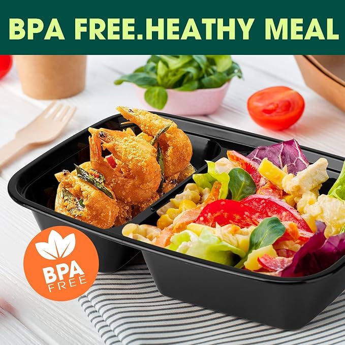 Glotoch Express 300 Pack 32oz Black 2 Compartment Square Meal Prep Containers