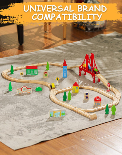 SainSmart Jr. Premium Wooden Train Track Set | 52-Piece Expandable 18FT Wood Railway System | Thomas & Brio Compatible with Storage Box | Ideal Gift for Kids 3-7