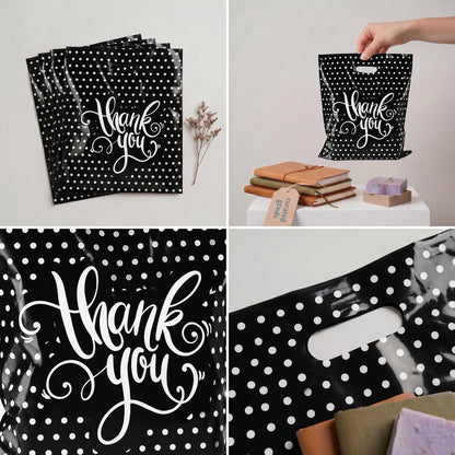 Camtoms Small Thank You Bags With Handles (9x12) - Glossy Plastic Retail Merchandise Bags for Jewelry, Boutique Accessories, Party Favors - White Bulk Packaging
