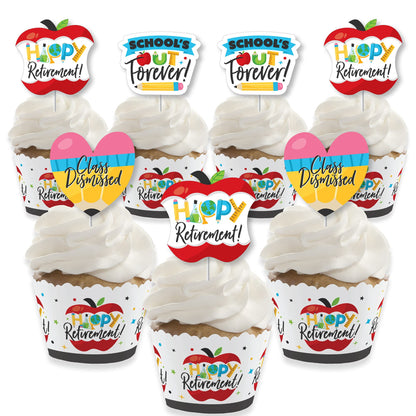 Big Dot of Happiness Teacher Retirement - Cupcake Decoration - Happy Retirement Party Cupcake Wrappers and Treat Picks Kit - Set of 24