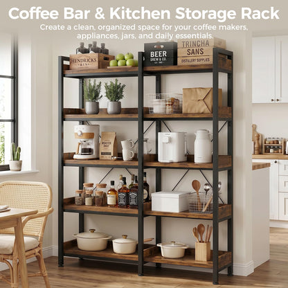GTPLAYER 5-Tier Corner Bookshelf, L-Shaped Metal Frame Shelf with Tall 14" Shelves, Plant Stand and Storage Rack for Small Spaces, Living Room and Home Office, Brown