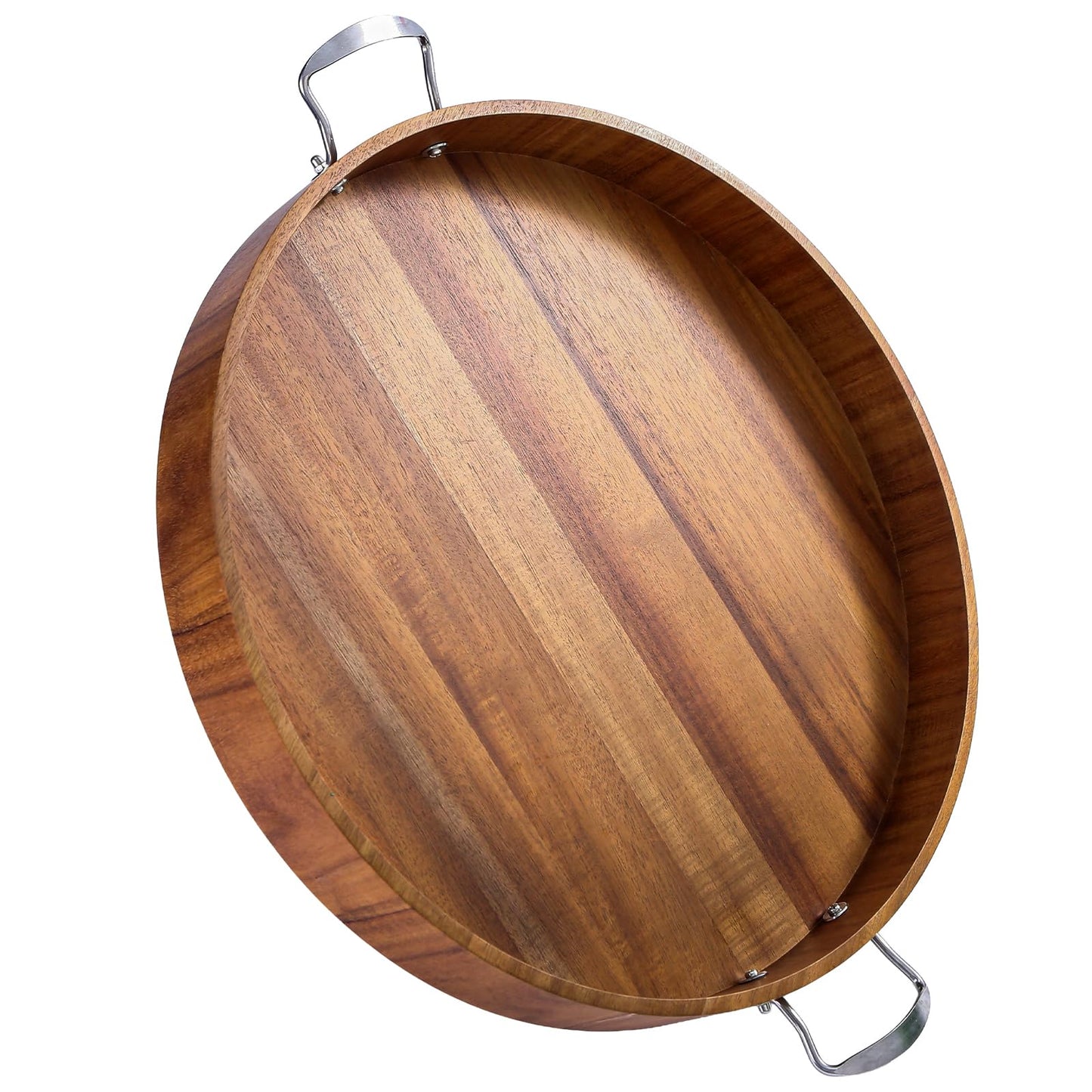Large Round Tray 20" Round Wooden Tray Ottoman Tray with Handles Elegance and Easy to Pick Up, Tray for Ottoman Wood Serving Tray Decorative Trays for Daily Use and Party with Friends and Family