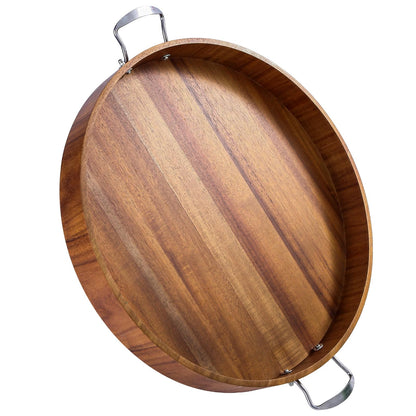 Large Round Tray 20" Round Wooden Tray Ottoman Tray with Handles Elegance and Easy to Pick Up, Tray for Ottoman Wood Serving Tray Decorative Trays for Daily Use and Party with Friends and Family