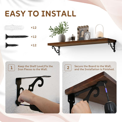 Teneyu Floating Shelves for Wall with Metal Brackets | 36-Inch Pine, Walnut 2-Pack