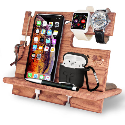 BarvA Rustic Phone Docking Station Desk Organizer | Night Stand Electronics Charging Station | Dresser Smart Watch Earbuds Phone Stand | Nightstand Organizer for Men | Bed Room Decor Gifts for Men