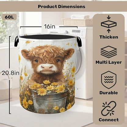 Cute Highland Cow Flower Foldable Canvas Laundry Basket