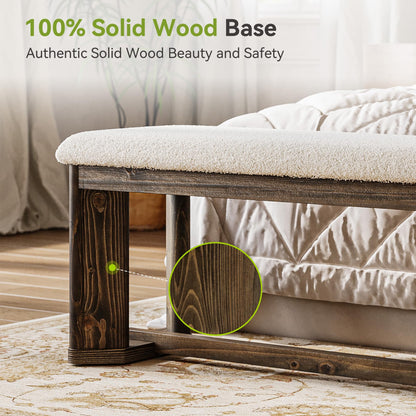 LITTLE TREE 63" Upholstered Bench, Solid Wood Entryway Shoe Bench with Cushion, Long Modern Farmhouse End of Bed Bench with Antique Brown Legs & Faux Lamb Fur Seat for Bedroom, Living Room, Dining
