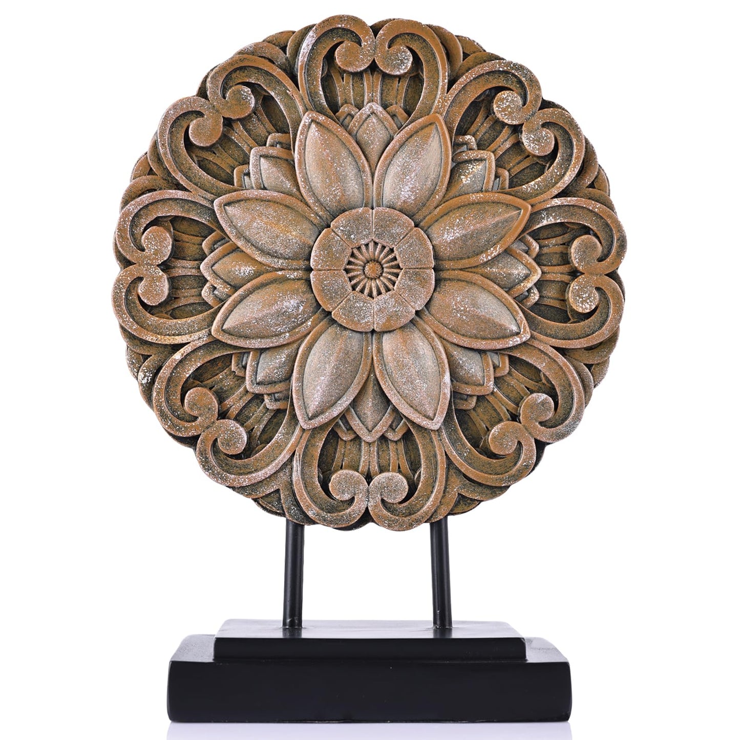 Brown Farmhouse Table top Sculpture Above Cabinet Decor Kitchen, Boho Carving Knick Knacks Shelf Decor Accent, Round Statue for Credenza Bookshelf Rustic Shabby Chic Center Pieces Decoration