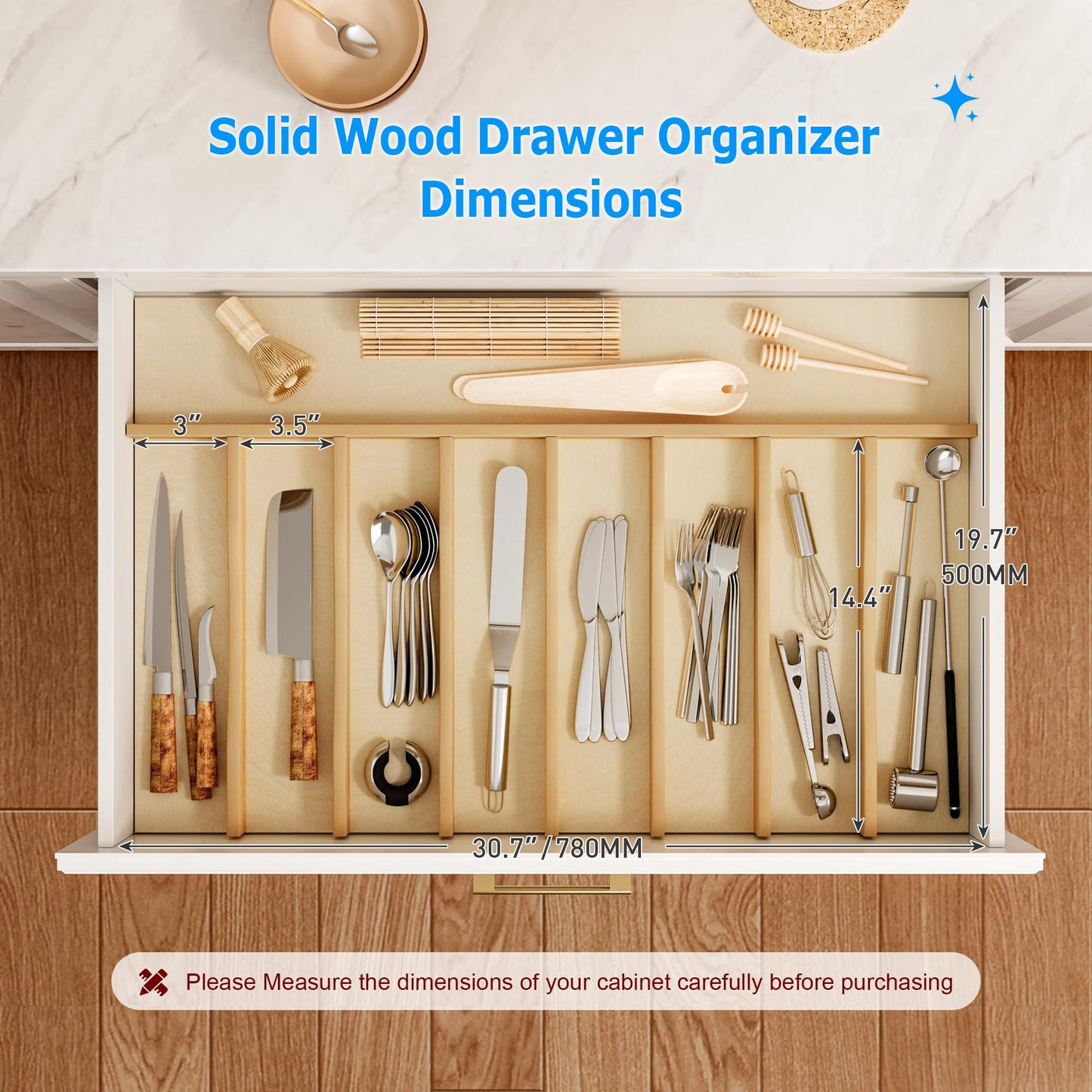 WelFurGeer Solid Birch Wood Silverware Drawer Organizer, Wooden Cutlery Drawer Organizer, Utensil Tray for Kitchen Drawers, Kitchen Utensil Organizer for Silverware, Flatware, Spoons, Forks, Knives