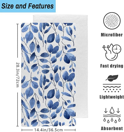 Blue Eucalyptus Leaves Bathroom Hand Towel Set of 2, Watercolor Botanical Plant