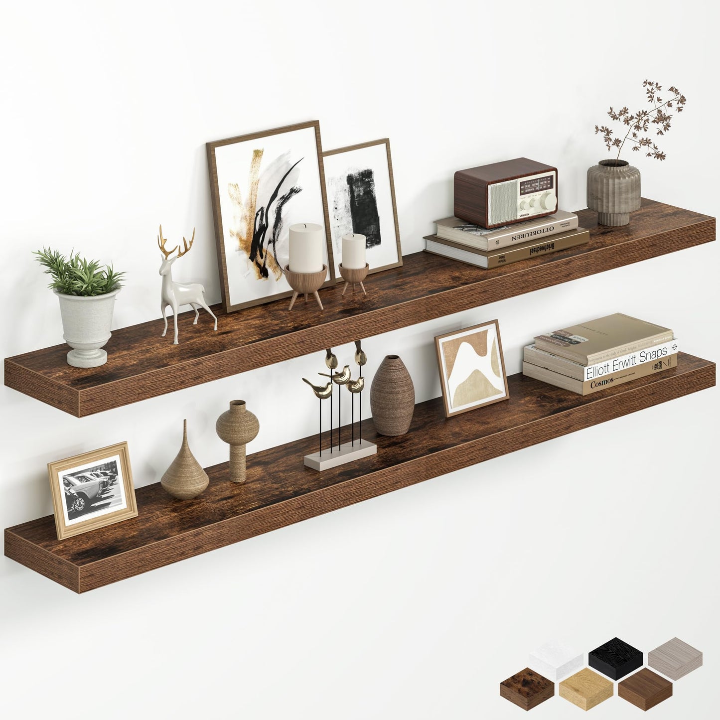 55 Inch Floating Shelves for Wall, Wood Wall Mounted Deep Storage Shelves with Invisible Brackets, Extra Long Decorative Display Ledge for Living Room Bedroom and Kitchen, Set of 2, Rustic Brown