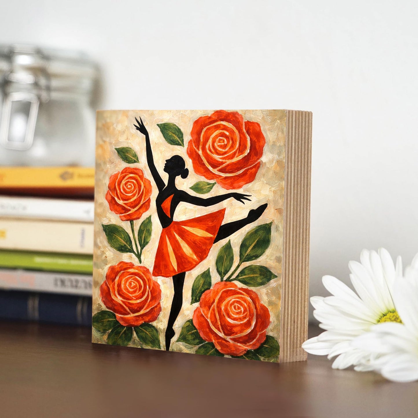 Dancer Floral Wooden Block Sign, Feminine Ballet Art Decor, Red Rose Dance Illustration Shelf Sitter, Elegant Home Table Mantel Tiered Tray Gift for Dance Lover