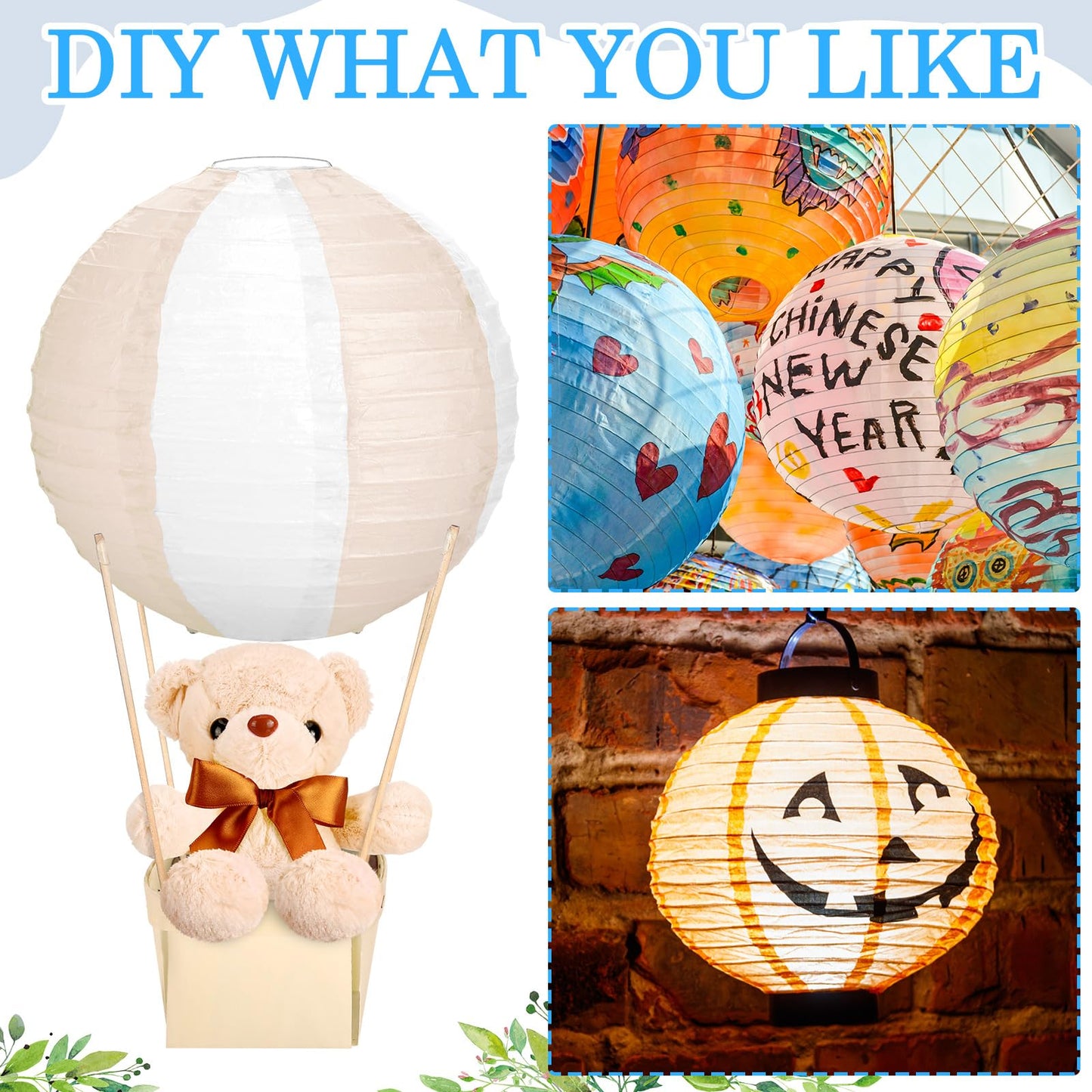 Baquler 12 Sets Baby Shower Hot Air Balloon Table Centerpieces DIY Paper Lanterns Stuffed Plush Bear Wooden Baskets for Wedding Birthday Gender Reveal (Beige White,Mixed Style)