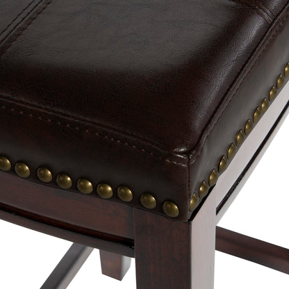 Linon Kingston Brown Wooden Backless 26.5 Inch Seat Height Counter Stool with Brown Faux Leather Upholstered Seat and Nailheads