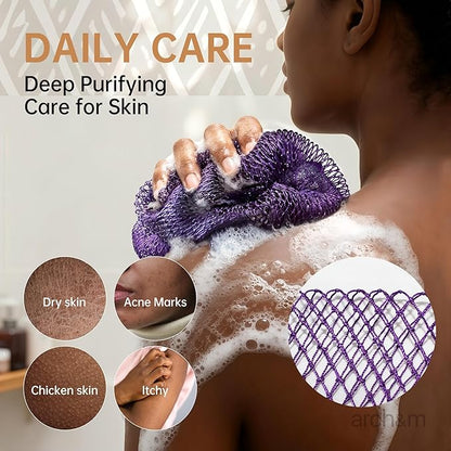 ARCH&M Authentic African Net Sponge with Knots 53", 2 Pack | Exfoliating Bath & Shower Loofah, Daily Use, Extra-Long Back and Body Scrubber, For Women and Men