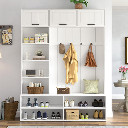 5-in-1 Hall Tree with Bench, Entryway Storage Organizer Cabinet, White