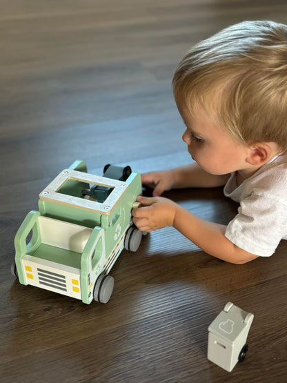 Montessori Wooden Recycling Garbage Truck Toy, 13 Pieces, Ages 3+ Years