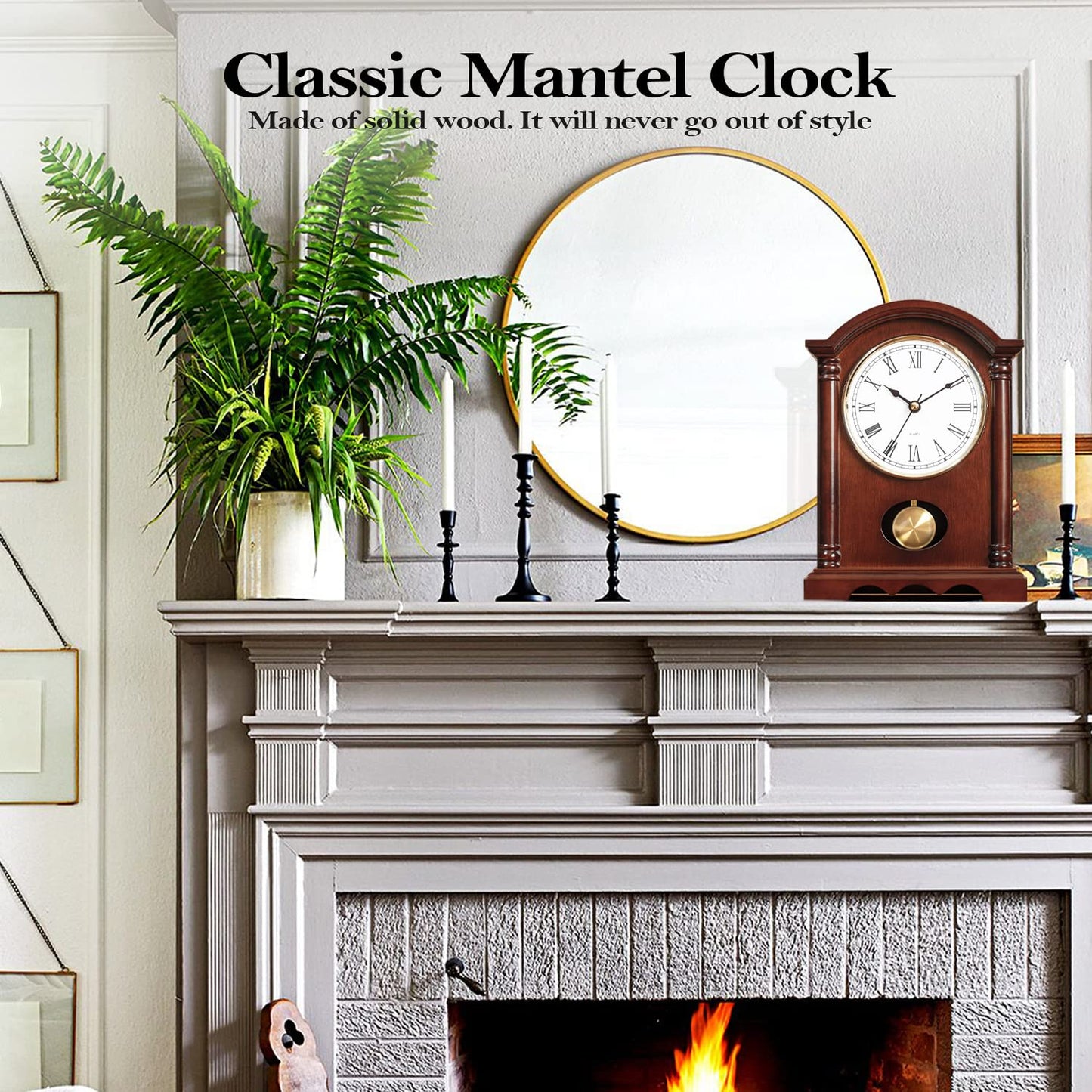 AYRELY® Classic Grandfather Mantel Clock for Living Room Déco, Elegant Wooden Finish, Gold-Tone Pendulum, Desk Clock for Living Room, Bedroom, Farmhouse Décor