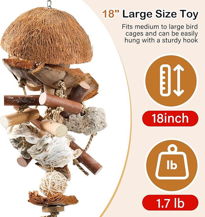 Natural Bird Toys for Parrots – 18in Handmade Shredding & Foraging Toy with Coconut Shells, Wood Blocks & Lava Stones – Parrot Toys for Sun Conures, Conures, Caiques, Cockatiels, Quaker Parrots