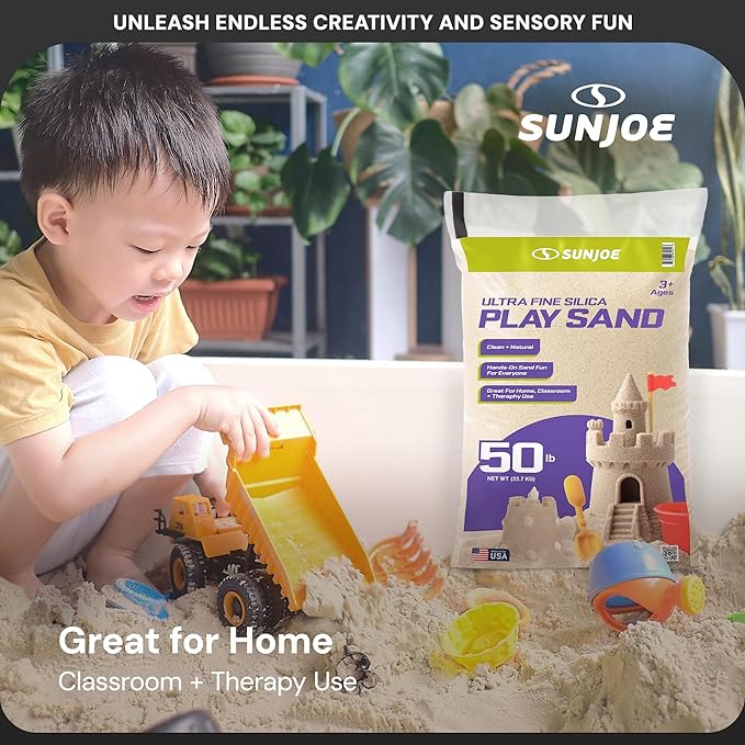 Sun Joe Silica Play Sand for Sandbox, Sensory Table & Garden Spaces, Ultra Fine, 50 Lb Bag - Indoor and Outdoor Natural Craft Accessory for Molding, Digging, Sculpting and Gardening, PLYSAND50