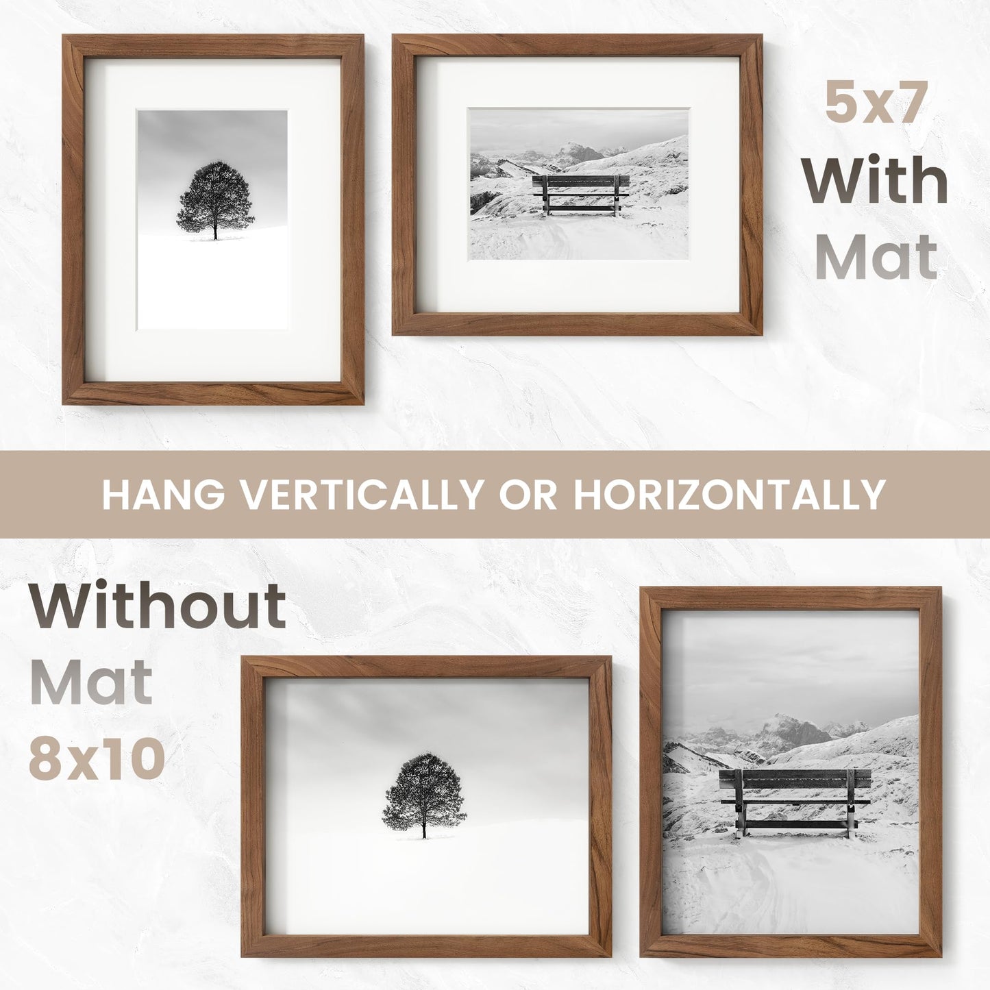 8x10 Picture Frame, USA-Sourced Natural Walnut Wood Photo Collage Frame with HD Tempered Glass, Modern Simple 8 x 10 Wooden Frame Matted to 5x7, Gallery Wall Frames for Art, Wall or Tabletop Display