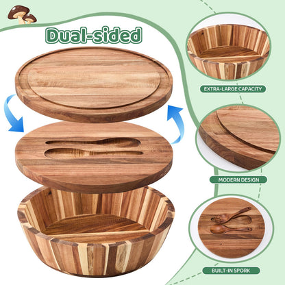 Geiserailie 16" Extra Large Acacia Wood Salad Bowl Set, 2-in-1 Wooden Serving Bowl & Charcuterie Board with Lid, Includes Spoon & Fork, Ideal for Party, Pasta, Fruit, Wedding Housewarming Gift