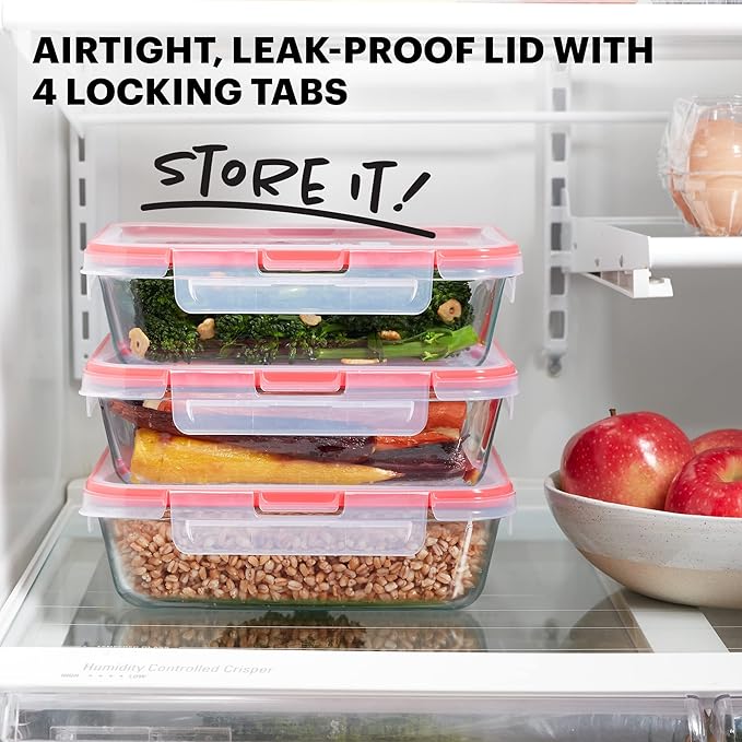 Pyrex Freshlock Glass Food Storage Containers Set, Airtight & Leakproof Plastic