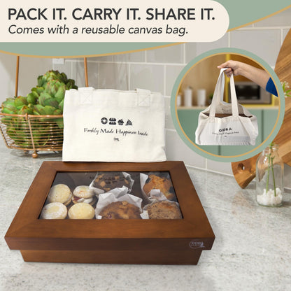EcoLeafy Dot Wooden Bakery Box with Window - 12x8x2.5 Inches– Treat Boxes for Pastry, Desserts, Donuts, Muffins or Baked Goods- Comes with Reusable Canvas Bag-Ideal Baker Gifts for Women