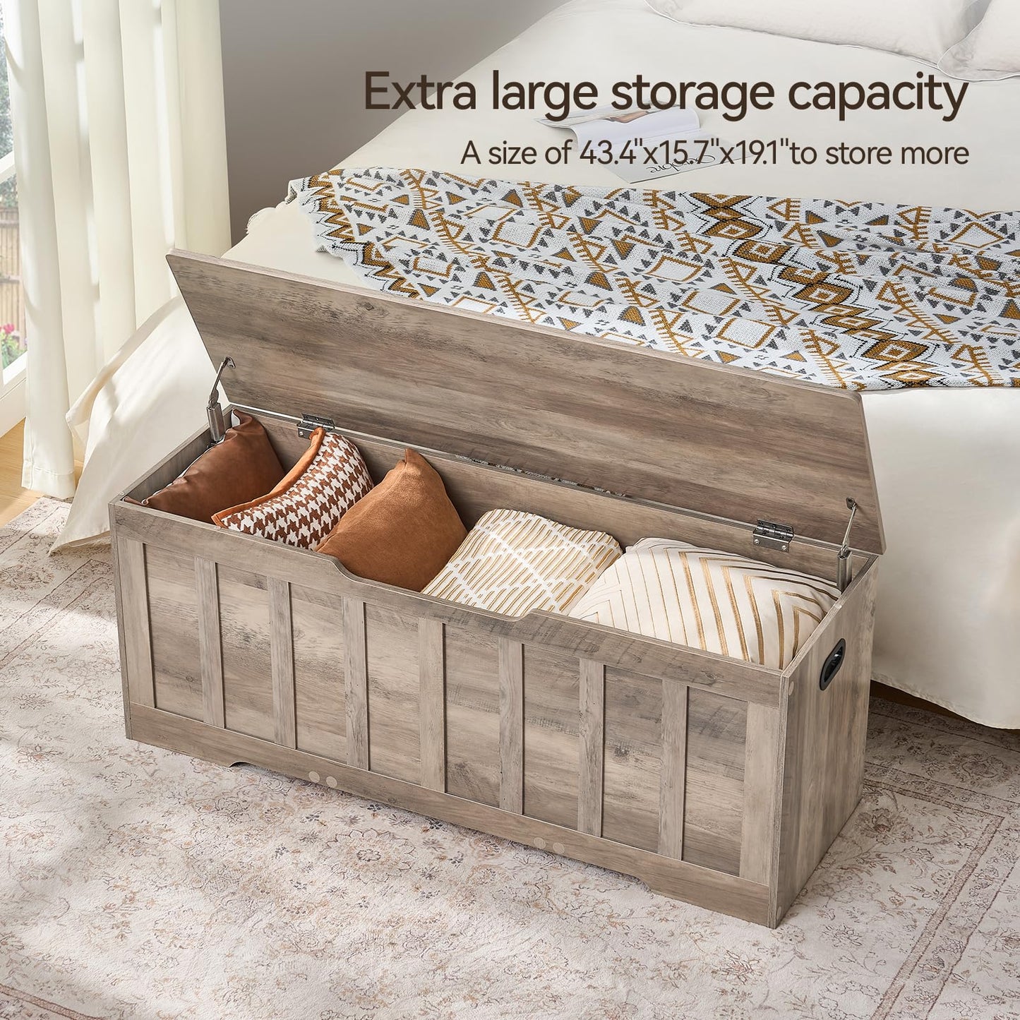 VANKILEY 47.2" Storage Chest Extra Large,Storage Trunk with 2 Safety Hinges,Wooden Storage Bench,Shoe Bench,47.2x15.7x19.1 Inch,Easy Assembly,Storage Bench for Bedroom,Living Room,entryway(Greige).