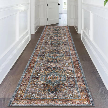 KOZYFLY Area Rug 3x14 Ft Washable Boho Runner Rug for Entryway Hallway Indoor Printed Faux Wool Carpet for Kitchen Bedroom Hall, Brick Red/Orange/Green