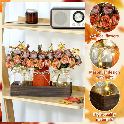 VAIPI Fall Decor Mason Jar Centerpiece Table Decorations with 3 Jar Flowers String Lights and Wooden Tray Fall Decorations for Home Dining Room Farmhouse Autumn Wedding Kitchen Living Room Bathroom