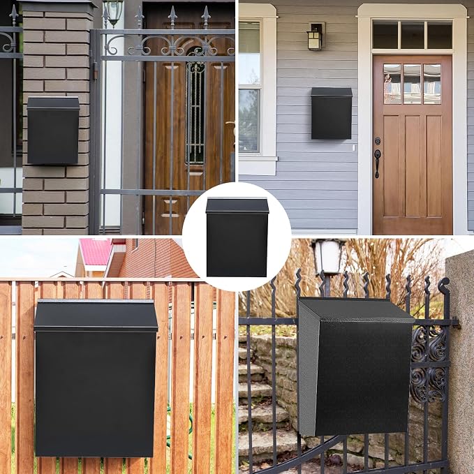 KYODOLED Mailbox for Outside, Wall Mount Mail Drop Box, Black | Large Capacity, Fits Letters, Magazines & Documents, Powder-Coated Steel, Weather Resistant, Home, Apartment & Office Use