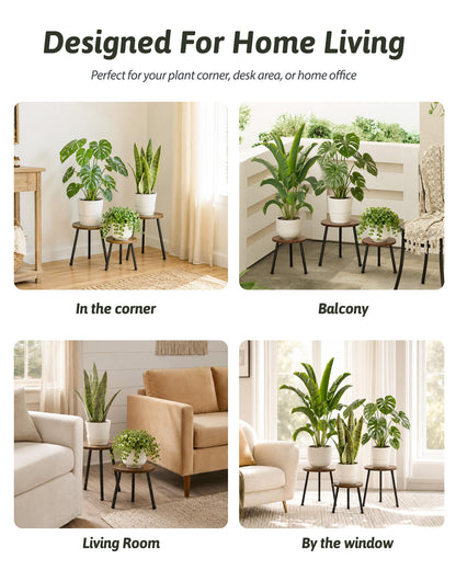 GENTINGBRO 5 Pack Wood Plant Stands Indoor, Round Plant Stool Set with Iron Legs, Heavy Duty Plant Stand Table, Wood and Metal Flower Pot Stand for Living Room, Bedroom, Balcony, Brown/Black